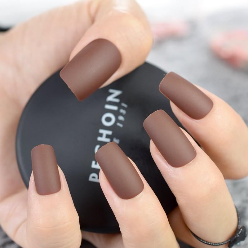 CoolNail Matte Coffee Brown Square Head False Nails Middle-long Full