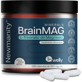 NEWMANITY BrainMAG Treonato de Magnesio - 180 Cápsulas de Alta Absorción, Suplemento Nootropico para Concentración, Memoria, Relajación, Sueño y Bienestar Mental, Fórmula de L-Treonato de Magnesio