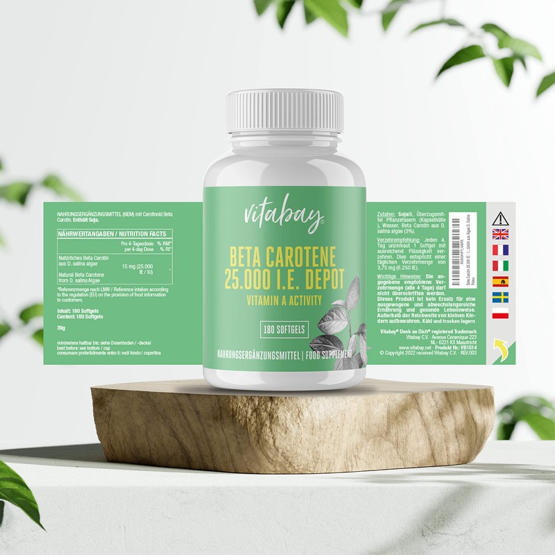 Natural Beta Carotene 25,000 IU – 180 Vegan Soft Gels – Vitamin A Activity Hochdosiert – Algae D.