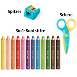 Staedtler Noris Junior 3-in-1 Colouring Pencils and Safety Scissors, Colourful, Wax Crayon and Watercolour Pencil, Ideal for Toddlers, Cuts Paper Only, 12 Colours, Sharpener and Safety Scissors, 140