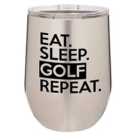 Grips4less EAT SLEEP GOLF REPEAT 12 oz Stainless Steel Wine Tumbler With Lid | BUNDLE (choose qty) (Silver, 3)