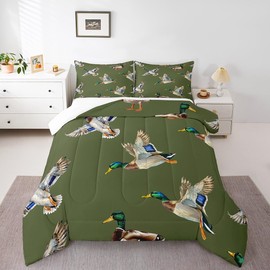 jejeloiu Cute Mallard Duck Comforter Set Queen Size Kids Wild Duck Hunting Comforter for Boys Teens Hunting and Fishing 3D Wild Animal Bedding Set Green Duvet Set Room Decor Quilt Set
