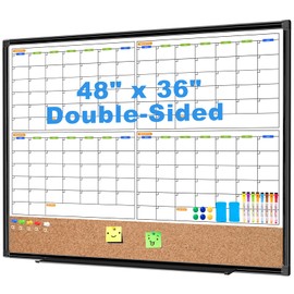CALENBO 4 Month Calendar Dry Erase Board and Corkboard Combo for Wall, 48" x 36" Double-Sided Large Dry Erase Calendar and Bulletin Board Wall Mounted for Office Home and School