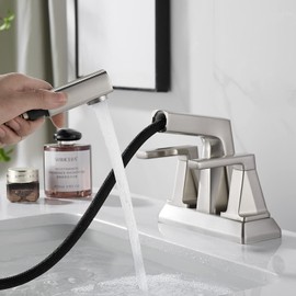MIAOHUI Brushed Nickel Bathroom Sink Faucet 3 Hole, Double Handle 4 Inch Centerset Bathroom Faucet with Sprayer, Bathroom Pull Out Faucet, Lavatory Faucet