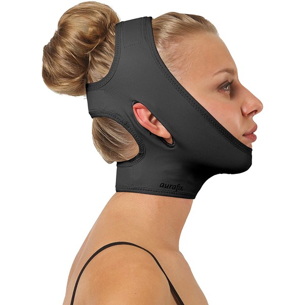 Post Surgical Chin Strap Bandage for Women - Neck and Chin Compression Garment Wrap - Face Slimmer, Jowl Tightening, Chin Lifting (Black, M)