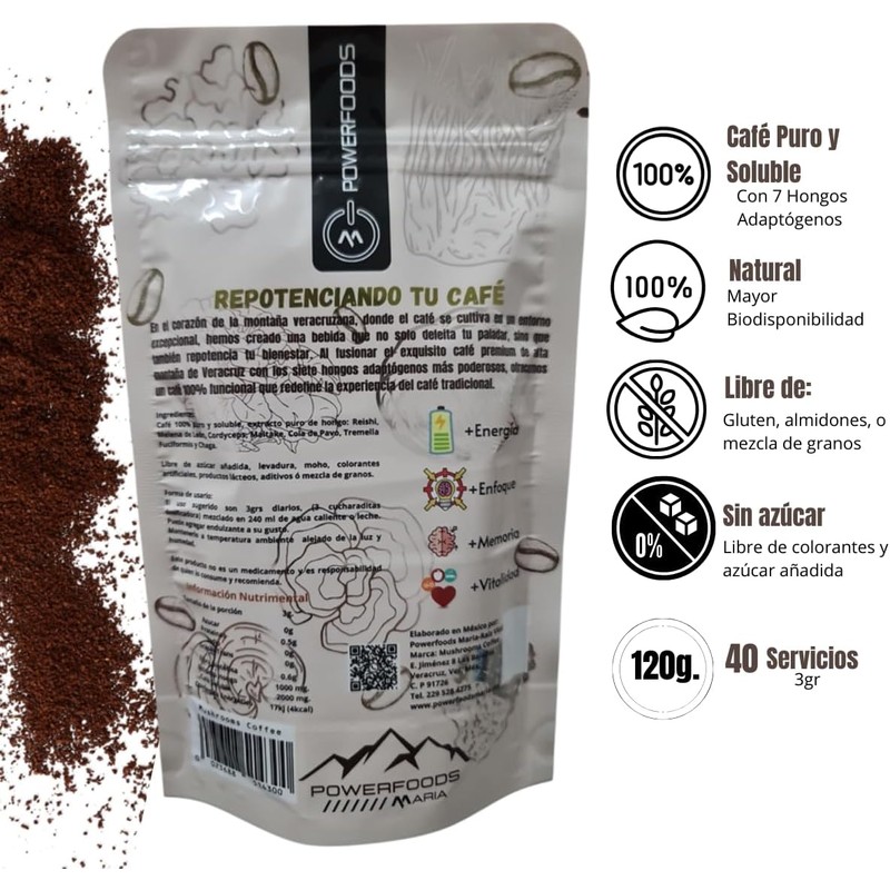 Café soluble con 7 hongos adaptógenos Reishi, Melena de León,