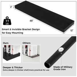 Venusmiles Floating Shelves for Wall, 48 Inch Wide x 12 Inch Deep Floating Shelves, Long Wood Floating Wall Shelf Shelves for Living Room Bathroom Bedroom Kitchen Home - (Black, 48" W x 12" D x 2" H)