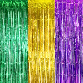 IGUO 3 Packs Green Gold Purple Tinsel Foil Fringe Curtains Decorations,3.2ft x 8.3ft Curtain Mardi Gras Foil Curtains Photo Booth Prop Streamer Backdrop for Purple Green Day Birthday Party
