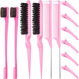 Remerry 12 Pieces Hair Brush Set, Nylon Teasing Hair Brushes 3 Row Salon Teasing Brush, Double Sided Edge Smooth Comb Grooming, Rat Tail Combs with Duckbill Clips for Women(Pink)