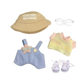 17cm Doll Clothes, Premium Outfit Set with Accessories Crochet Floral Tshirt, Denim Overall, Glasses, Shoes, Bucket Hat, Perfect for Daily Play/Party Decoration/Collector Display, Blue