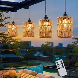 Battery Operated Chandelier with Remote, Outdoor Battery Hanging Pendant Light with Warm White Bulb, Boho Pendant Lantern Lights, 4*AA Battery Powered, for Gazebo Porch Patio Backyard Decor（4 Pack）