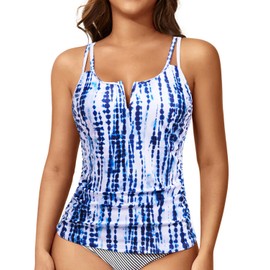 Traje de baño tankini para mujer, parte superior de baño con control de abdomen fruncido, parte superior modesta de natación, solo sin parte inferior, 2025, Azul (Blue Tie Dye), M