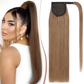 Elailite Ponytail Extension Human Hair 100% Real Remy Hair - Wrap Around Ponytail Clip in Hair Extensions Long Straight 18 Inches - #6 Light Brown