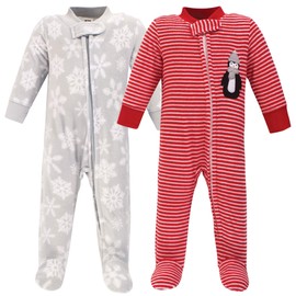 Hudson Baby Unisex Baby Fleece Sleep and Play, Red Penguin, 6-9 Months