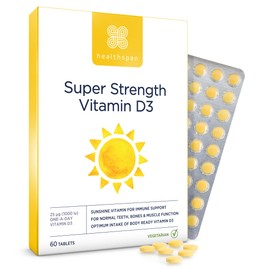 Healthspan Super Strength Vitamin D3 | Immune Health | Bone, Teeth & Muscle Health | Contains 1,000iu of Natural Source Vitamin D3 in Each Tablet | Vegetarian (60 Tablets)