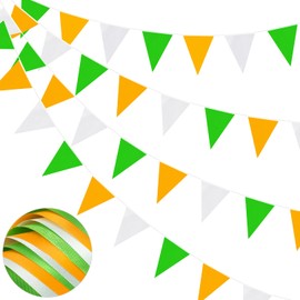 St Patrick's Day Bunting Banner, 66ft 52pcs Waterproof Bunting Reusable Polyester Fabric Triangle Flags White Green Orange Pennant Banner for Party Decorations Birthday Outdoor Garden