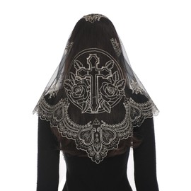 Bozidol Christian Veil Catholic Black Gold Lace Mantilla Veils for Women Mass Embroidered Cross and Rose Church Head Covering with Gift Box