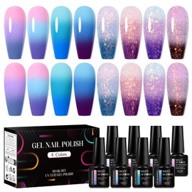 8Pcs Color Changing Gel Nail Polish Set Nude Pink Purple Blue Temperature Color Changing Gel Polish Glitter Temperature Mood Changed Nail Polish Gel Manicure Kit