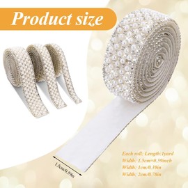 HASTHIP® Cinta de Perlas y Diamantes de Imitación Autoadhesiva 3 Rollos 1cm/1.5cm/2cm para Manualidades,Decoración Bolsos,Álbumes y Arte - 1 Yarda por Rollo