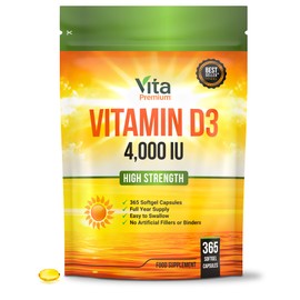Vita Premium Vitamin D 4,000 IU Softgels, Maximum Strength Vitamin D3 Supplement, 365 Easy to Swallow Softgels (Not Tablets) - Full Year Supply