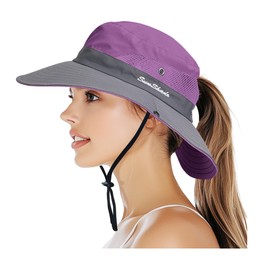 PFFY Sun Bucket Hats for Women Men UV Protection Wide Brim Sun Fishing Hat Beach Outdoor Essentials Purple/Grey (Ponytail)