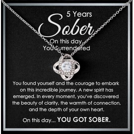 5 Years Sober Necklace Silver Plated Love Knot Standard - You Found Yourself And - Appreciation Milestone Alcoholic Celebration Sobriety Jewelry AA Recovery Gift Addiction Recovery