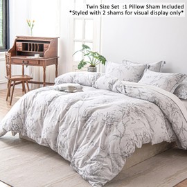 100% Natural Cotton 2pcs Floral Duvet Cover Sets - Grayish White Duvet Cover with Gray Luxurious Flowers & Branches Pattern,Botanical Comforter Cover Sets with Button Closure(Twin，1 Pillowsham）