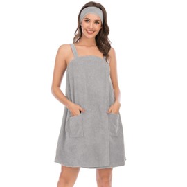 Women Terry Spa/Bath Wrap Lightweight Adjustable Closure Spa Towel and Dry Fast (M,Grey)