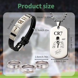 JazRvr Fan Accessories, Football Accessory Set with C R7 Bracelet, Necklace & Ring Made of Stainless Steel, 5-Piece Jewellery Set for Football Fans, Ideal for Stadium Visits and Sports Events