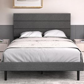 Queen Size Platform Bed Frame with Headboard, Fabric Upholstered Bed with Sturdy Wooden Slats Support, No Box Spring Needed, Easy Assembly, Gray