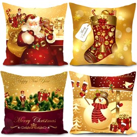 HUASHUZI Christmas Cushion Cover 40 x 40 cm Gold Christmas Decoration Christmas Cushion Cover Christmas Decorations Xmas Cushion Covers Pillow Winter Cushion Decoration Set of 4 Sofa
