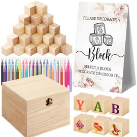 Marsui 136 Pcs Baby Shower Blocks to Decorate Game Kit Includes 98 Wooden Blocks, 36 Markers, 1 Game Sign, 1 Storage Box for Baby Shower Gender Reveal Activity Party Decorations(Floral)