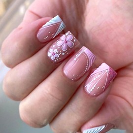 MERVF Square Press on Nails Medium Fake Nails Pink 3D French Tip Glue ons Glitter Acrylic Nail with Flower Design Supplies Art DIY Squoval Manicure 24pcs Glossy