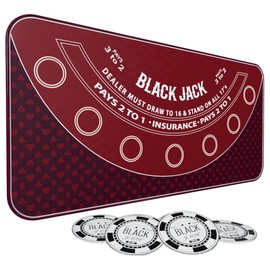 iEsstros Blackjack Mat 70" x 35" Blackjack Table Top Mat 21 Black Jack Mat for Casino Table Rubber Poker Mat with Storage Bag 6 Coasters for Casino Games -Red