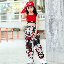 Girls' hip hop street dance clothing set, jazz dance wear, tank top and camouflage pants. -