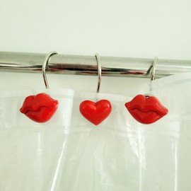 Twofish Home Valentine Gift Lovely Heart-Shaped with Kiss Decorative Resin Shower Curtain Rings Set of 12 for Girlfriend Kiss to Boyfriends Valentine Kiss Design Shower Curtain Hooks Pack of 12