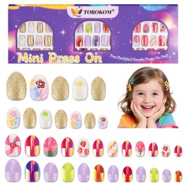 TOROKOM 78 Pieces Children's Press on Nails, Children's Fake Nail Kit, Colourful Flower Stick on Nails for Girls, Full Cover, Short Acrylic Nails with Jelly Nail Glue, Nail Builder Glue for Children 8