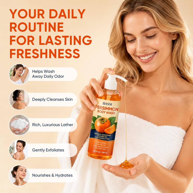 Persimmon Body Wash for Body Odor Control, Natural Deodorant Soap