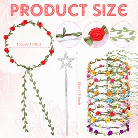 Suncalla 30 Pcs Assorted Colored Flower Crown Wreath Headband with 13 Inches Fairy Wand Floral Headpiece Rose Flower Wreath Princess Angel Wands for Wedding Festival Vacation Fairy Party