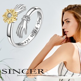 Flongo Sunflower Hug Ring for Women: You Are My Sunshine Stainless Steel Cubic Zirconia Open Ring - Jewelry Gift for Girlfriend Mother Daughter Girls, Metal