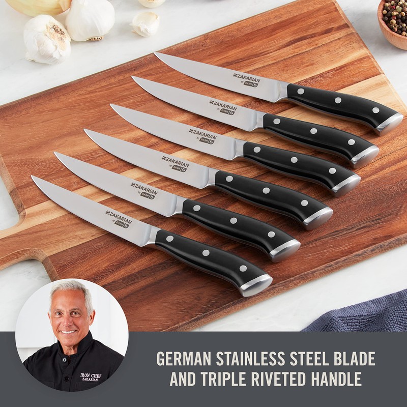 DASH Zakarian 6-Piece Steak Knife Set, Non-Serrated Full Tang German