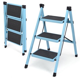 3 Step Ladder, Folding Step Stool for Adults, Lightweight Aluminum Step Ladder, Portable 330 LBS Capacity Ladders for Home Kitchen Library Office, Small Step Stools with Anti-Slip Wide Pedals, Blue