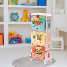 Kids Toy Box Storage Organizer 3-Tier Utility Rolling Cart with Universal Wheels Cute Smiley Design Doll Toys Snacks Bins Rack Shelf for Children's Rooms, Living Rooms