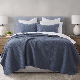 HORIMOTE HOME 100% Cotton Quilt Queen Size, Steel Blue Soft Lightweight Cotton Bedspread 3 Pieces Scalloped Edge Geometric Stitching Quilt Bedding Set with 2 Shams for All Season, 90 x 96 inches