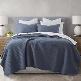 HORIMOTE HOME 100% Cotton Quilt Queen Size, Steel Blue Soft Lightweight Cotton Bedspread 3 Pieces Scalloped Edge Geometric Stitching Quilt Bedding Set with 2 Shams for All Season, 90 x 96 inches