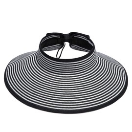 Simplicity Women's Straw Sun Hat Wide Brim Roll-up Sun Visor Black/White