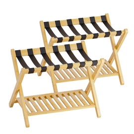 SMIBUY Luggage Rack, Set of 2, Foldable Bamboo Suitcase Stand with Storage Shelf for Guest Room, Bedroom, Hotel, Heavy-Duty (Natural)