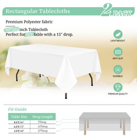 Teruntrue 2 Packs White Tablecloths Rectangle 153 x 260 cm, Waterproof Polyester White Table Covers for 6ft Table, Washable Rectangle Table Cloth for Party Wedding Buffet Camping Restaurant(60x102in)