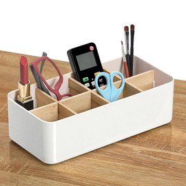 Bambus Tisch Organizer Desktop, 8 Fächer Holz Desktop Stift, Büro Organizer Weiß, Bambus Stiftehalter mit Abnehmbar Fächer, Multifunktional Büro Schreibtisch für Stifte, Brille
