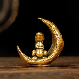 CHOVY Retro Handcrafted Moon Rabbit Sculpture - 100% Solid Brass Adorable Rabbit Sitting on Crescent Moon | Vintage Style Collectible Art Piece for Home & Office | Unique Gift for Lunar Lovers